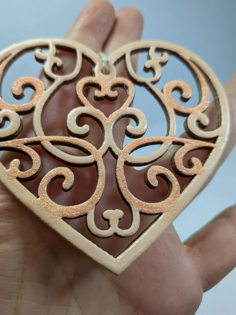 Handcrafted Wood Heart Ornament Set 7pc Laser Cut Fretwork & Key To My Heart